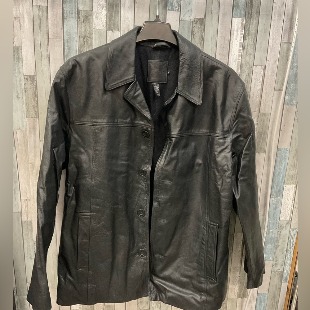 Mens J Crew Blackk Leather 90’s Vintage Car Coat Wool Lined. Sz L